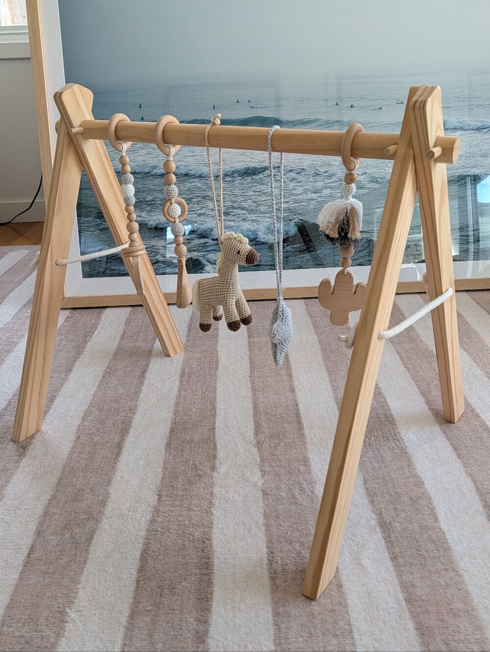 Natural Wood Baby Gym with Crochet Toys